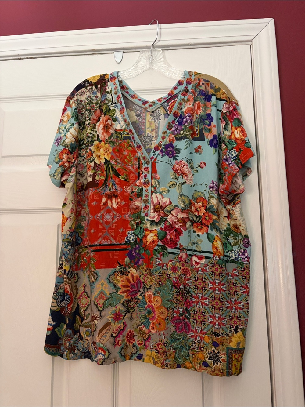 Johnny Was Multi-Color Floral Patchwork V-Neck Tunic
